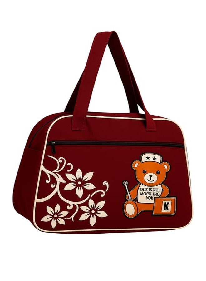 Malvina Travel Duffle Bag - Cartoon Bear & Floral Design (Red) - Image 1